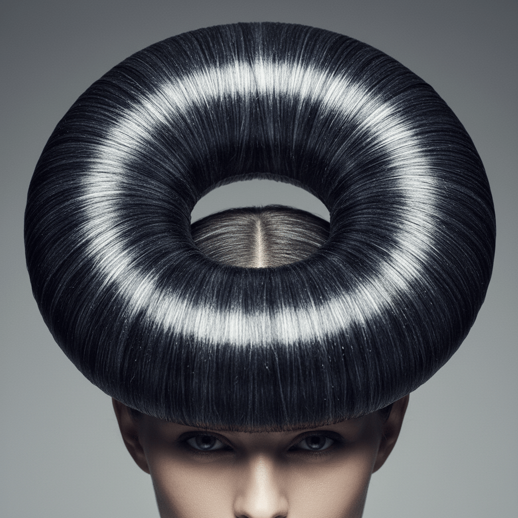 Editorial close-up of a lacquered bagel head hairstyle with metallic undertones.