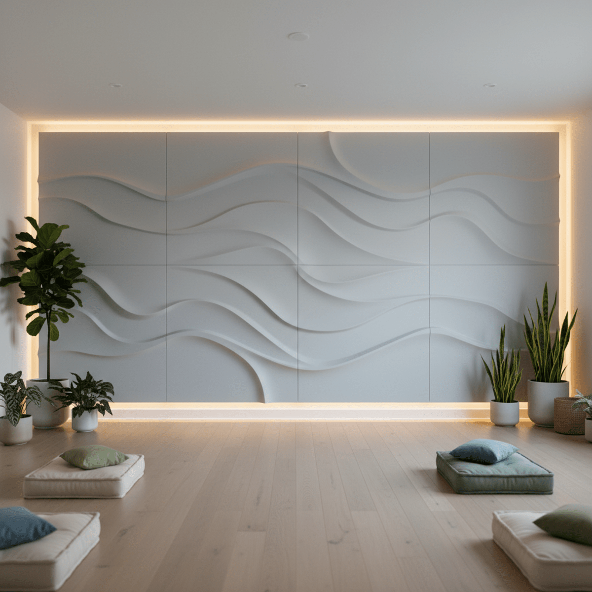 Serene meditation room with matte grey wave wall panels and natural wood floor.