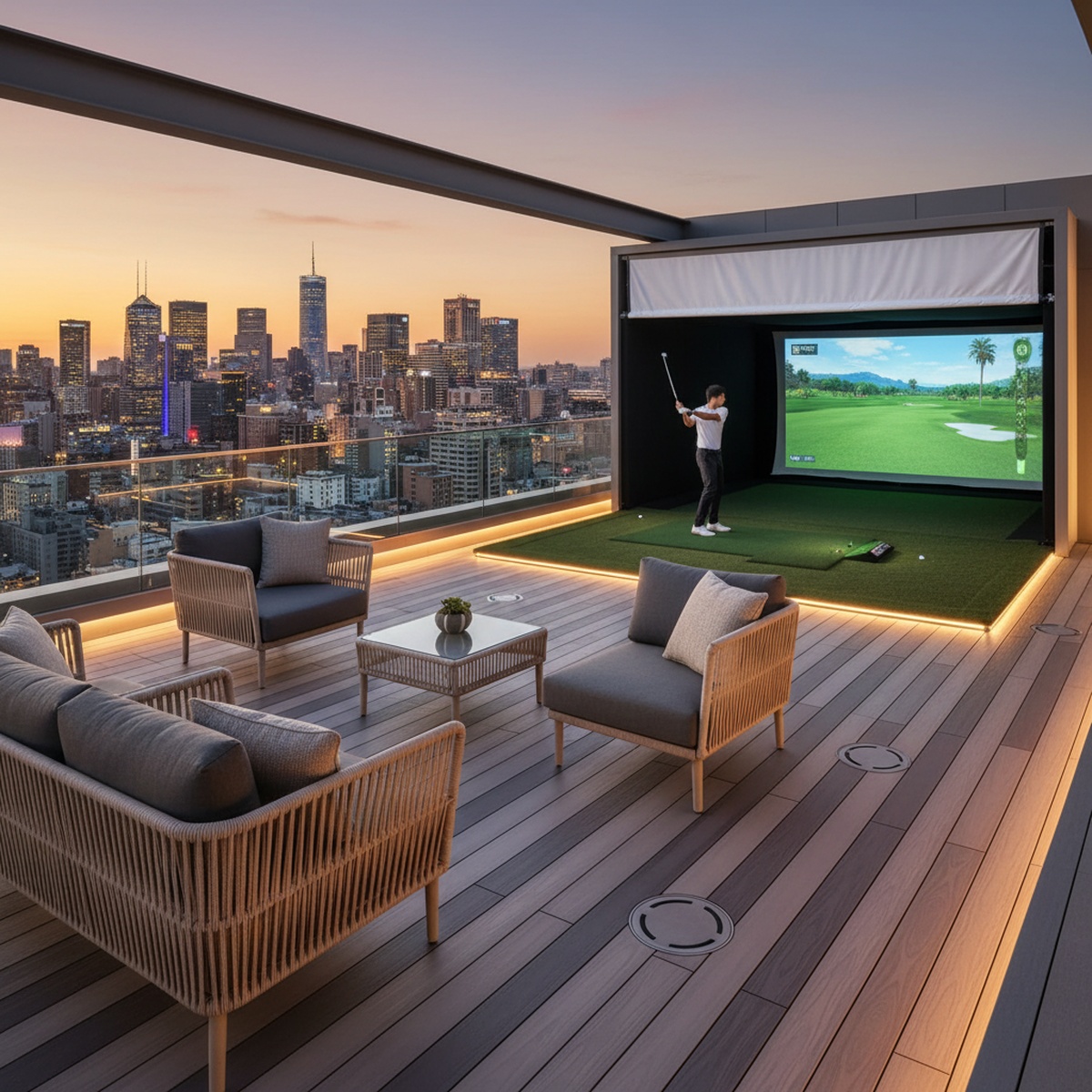 Luxury rooftop golf simulator with city skyline at sunset, featuring composite deck.