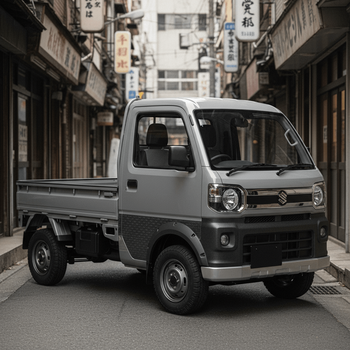 Compact electric utility pickup with rugged cladding parked in a tight urban alleyway.