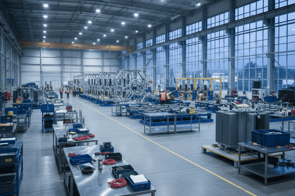 Wide shot of a bustling energy manufacturing plant under warm ambient light, symbolizing supply chain optimization amid rising utility investments