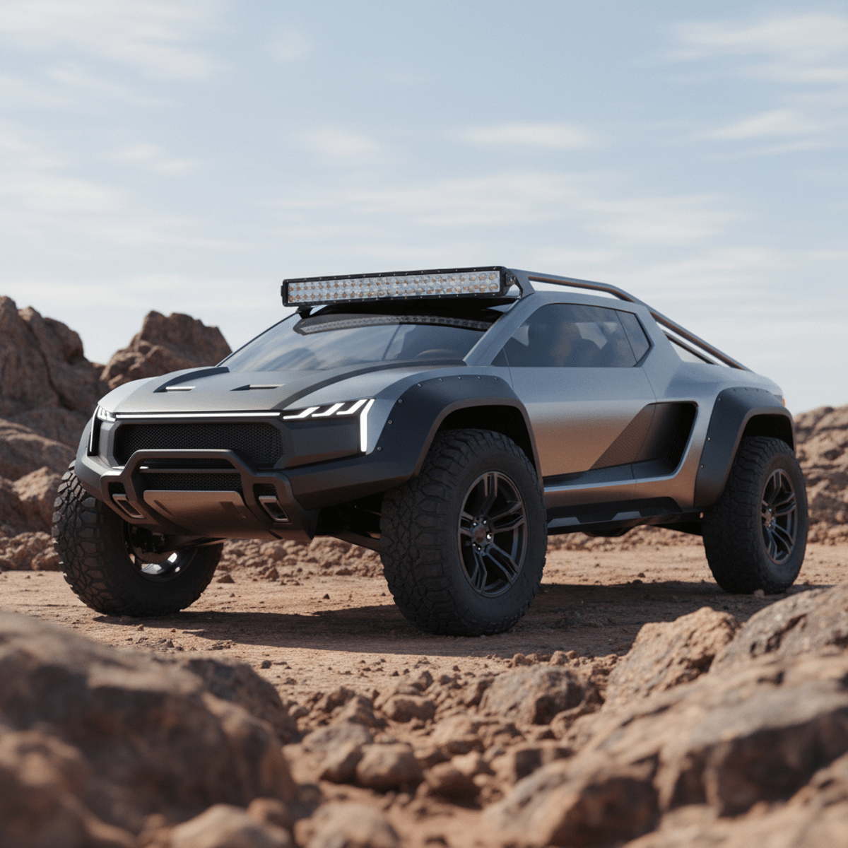 Futuristic off-road truck with integrated LED light bar on rocky terrain.