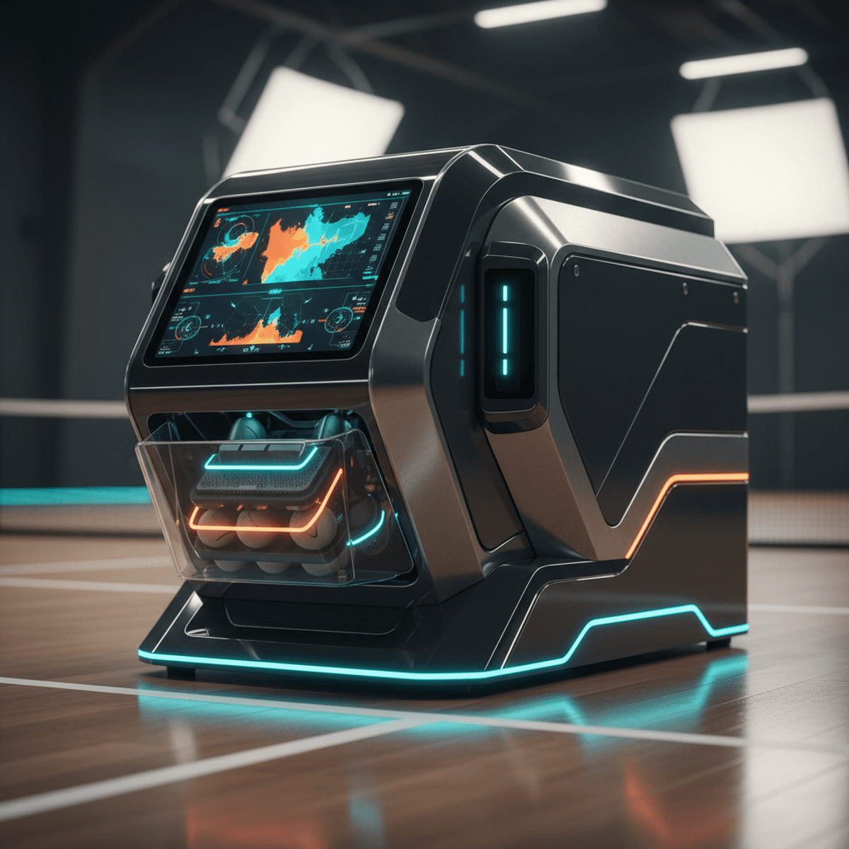 Sleek futuristic pickleball machine with heat maps on a high-tech indoor court.