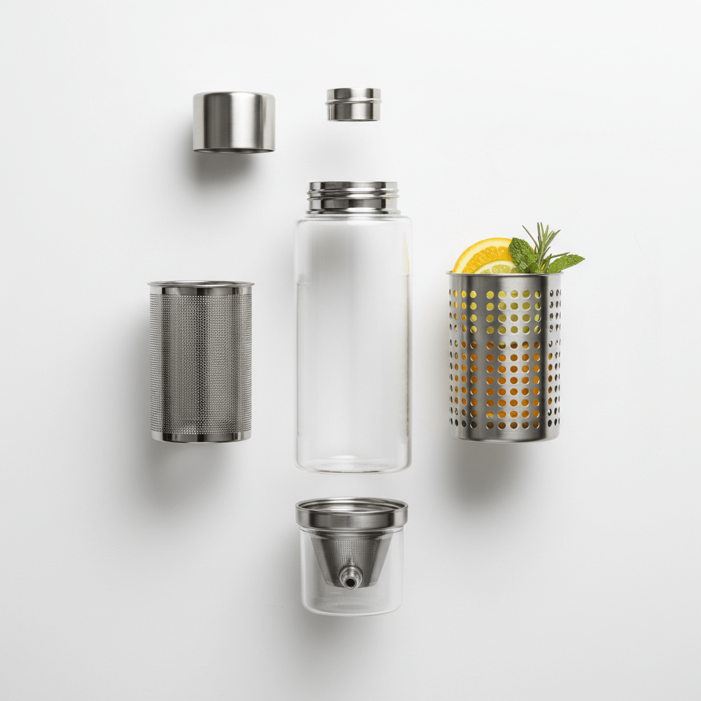 Exploded view of a modular tea bottle system with glass and stainless steel components.