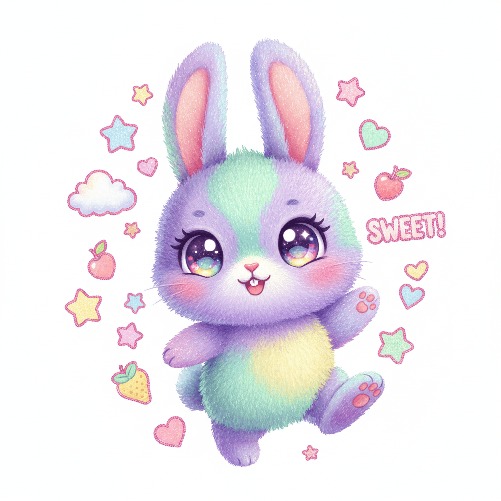Playful kawaii bunny with sparkling eyes and pink tongue, surrounded by digital stickers.