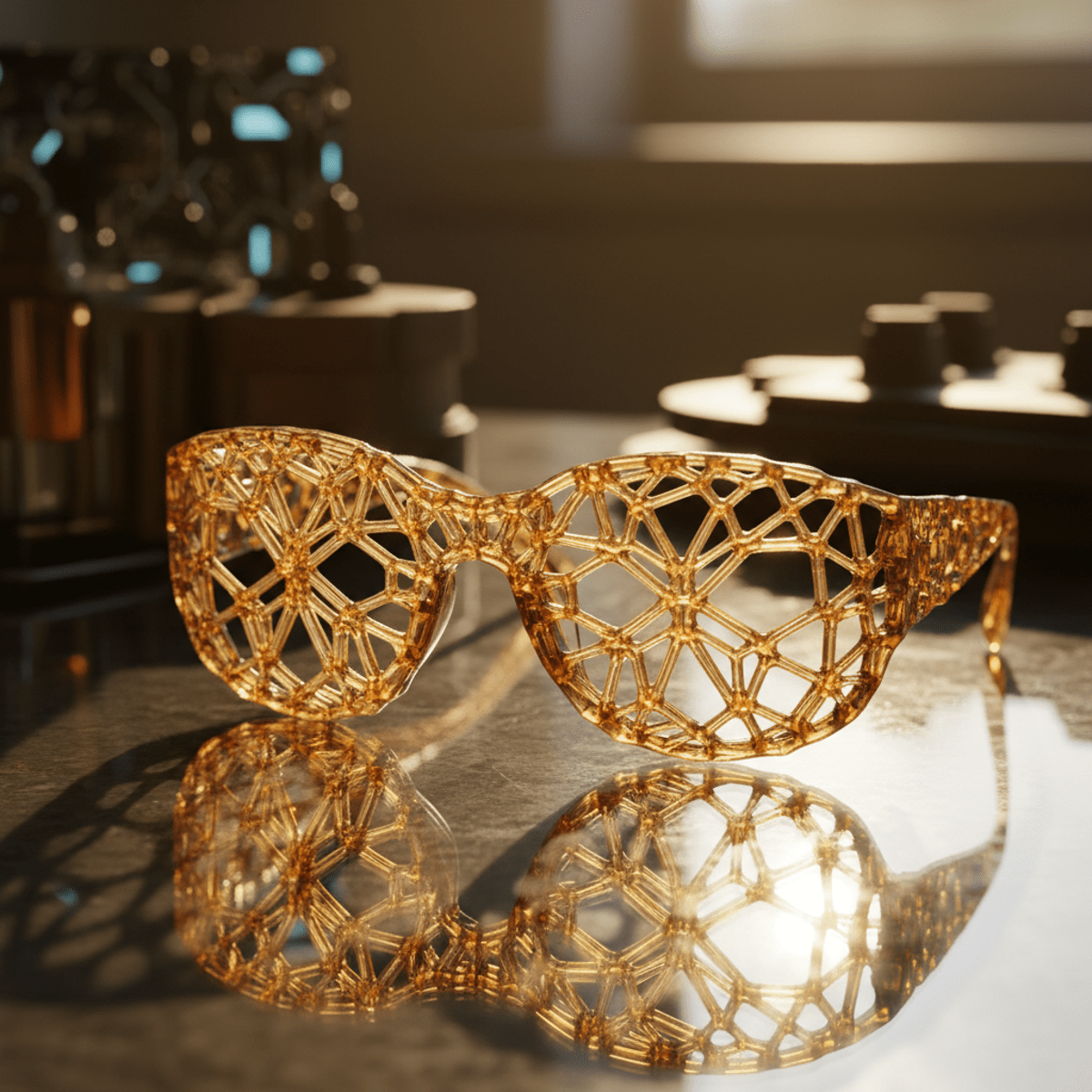 Stylish 3D-printed glasses with an organic lattice design in warm golden hour light.