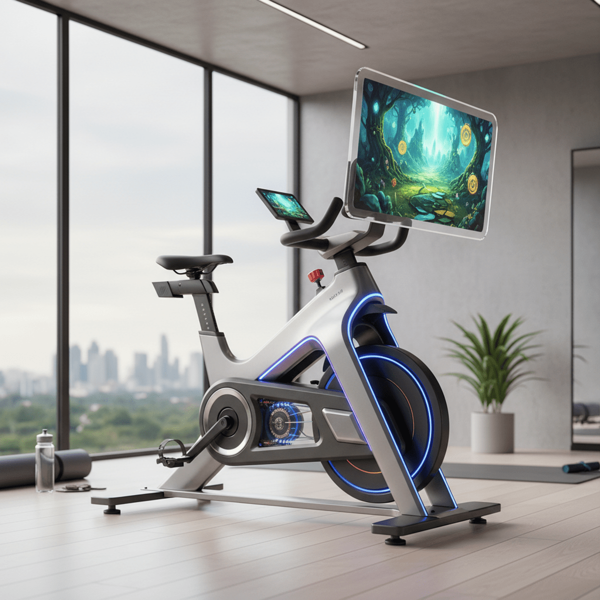 Sleek smart exercise bike displays fantasy landscape on its clear screen.
