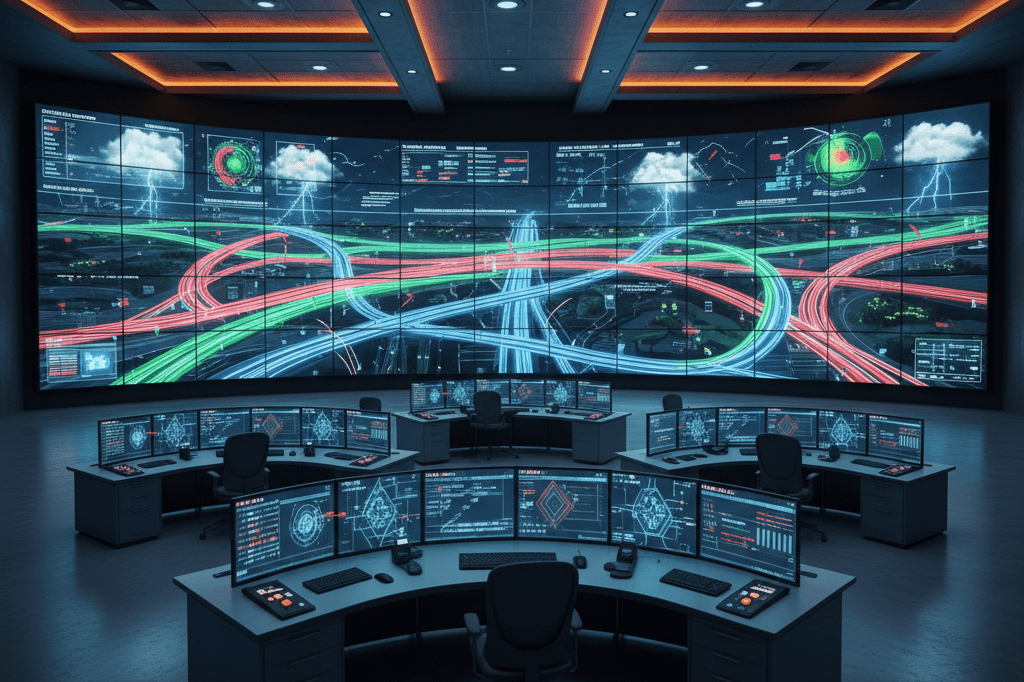 Modern logistics control center with advanced traffic monitoring systems High-tech logistics center featuring digital screens showing real-time traffic and weather data, softly lit by ambient light