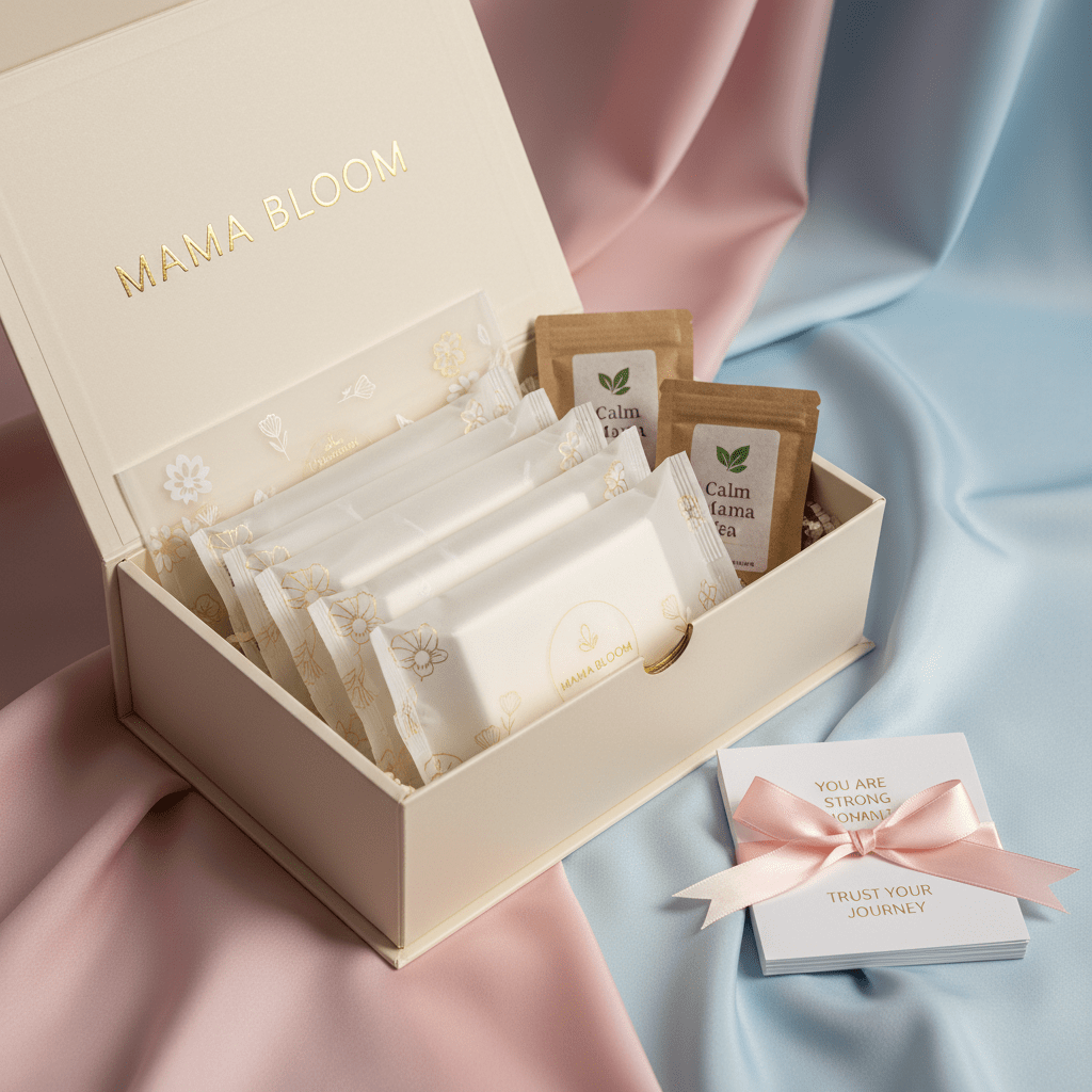 Luxury maternity pads box with floral vellum, tea, and affirmations on pastel fabric.