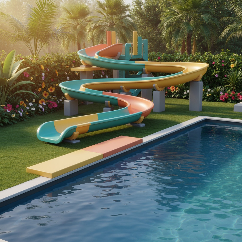 Vibrant modular pool slide in playful zigzag over clear water, golden hour.