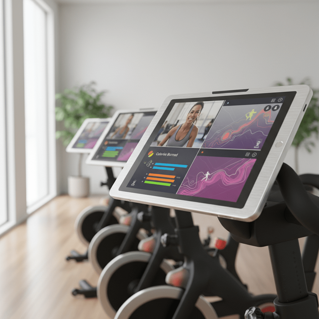 Tablets on stationary bikes display colorful charts and instructor videos in a modern gym.