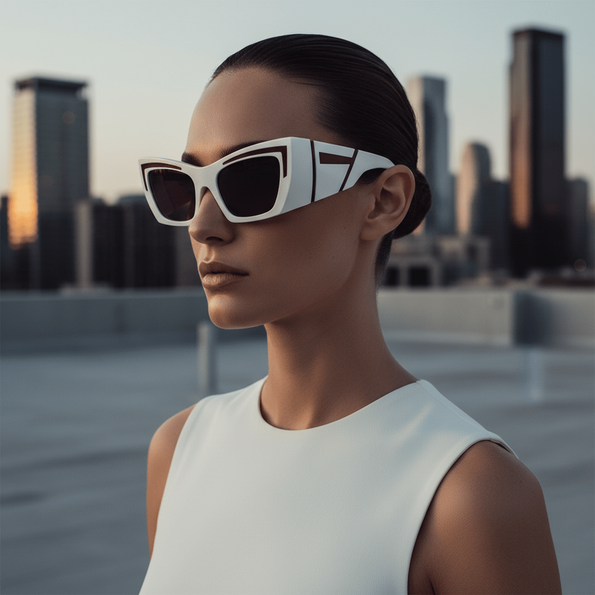Dramatic portrait of a woman wearing architectural cat-eye sunglasses with white and burgundy accents.