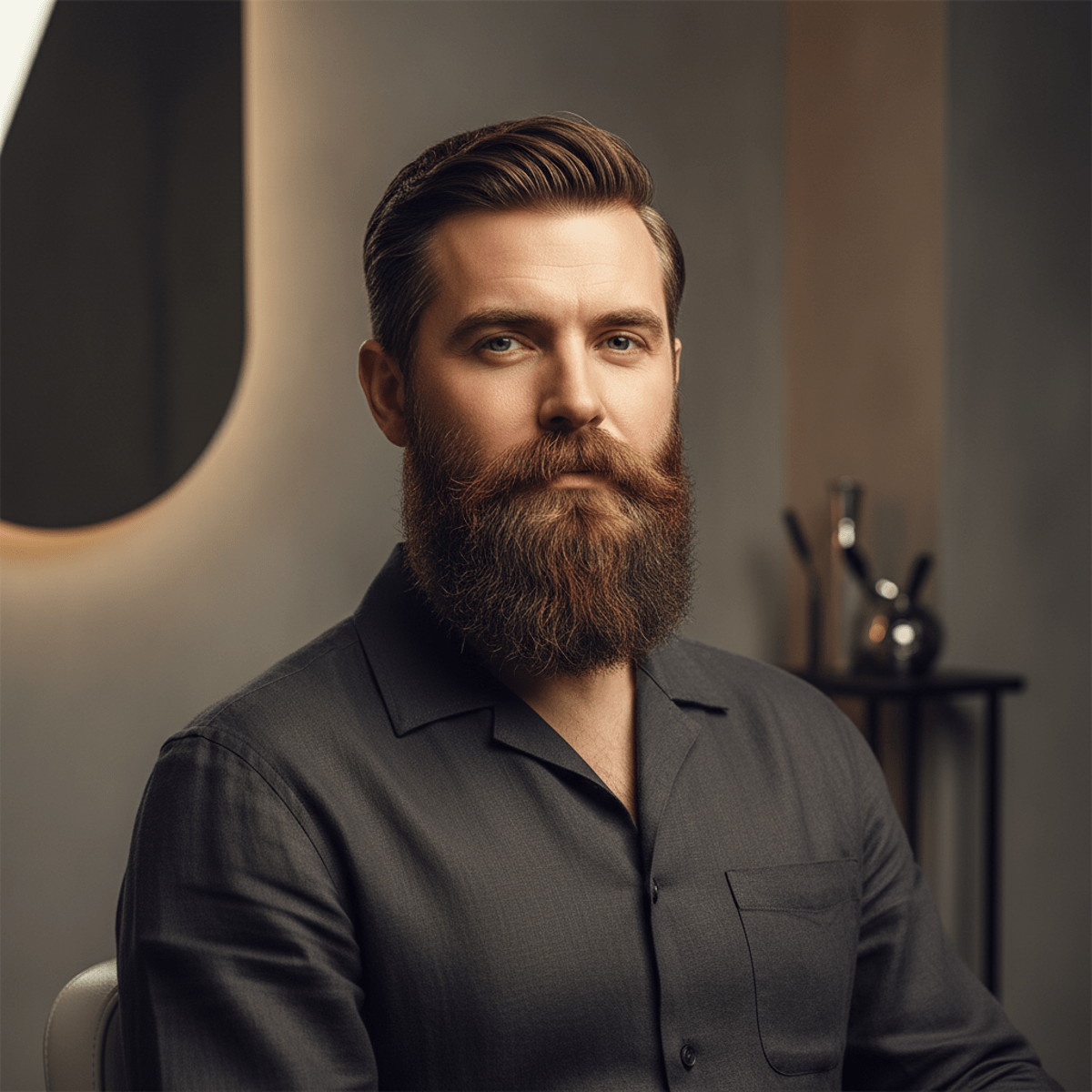 Man in modern studio with expertly blended multi-shade beard dye.