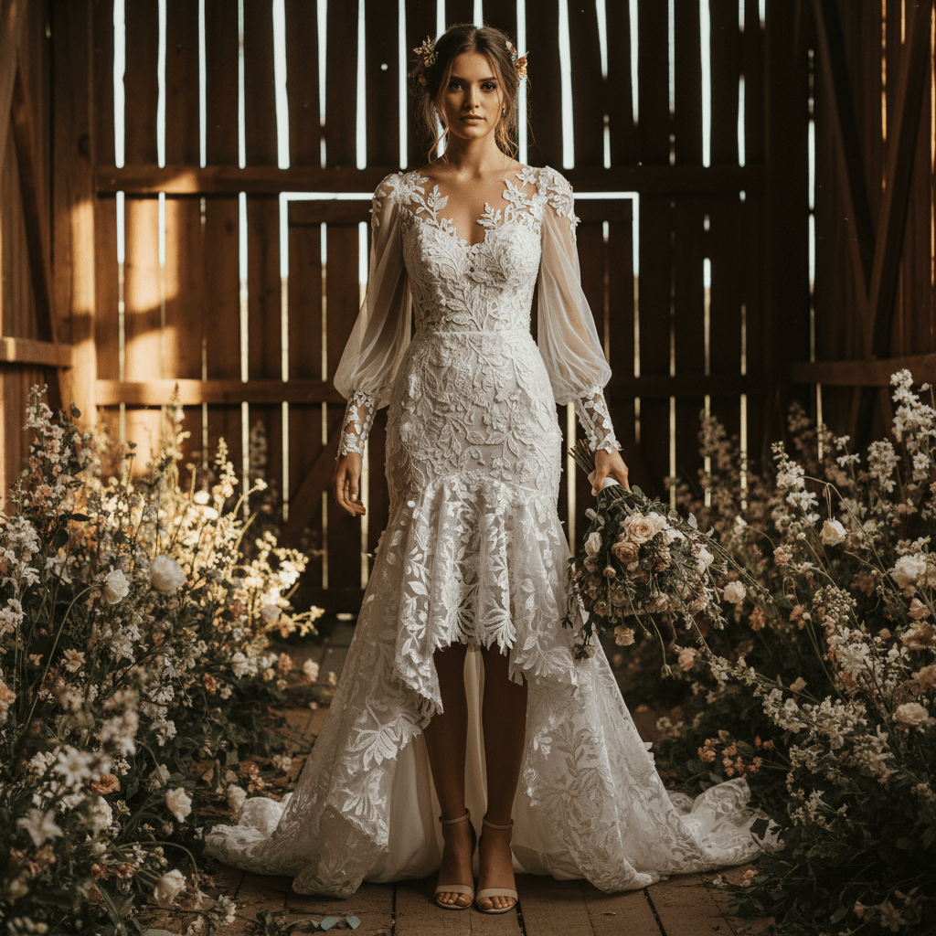 Bride in a high-low wedding dress with botanical lace in a rustic barn.