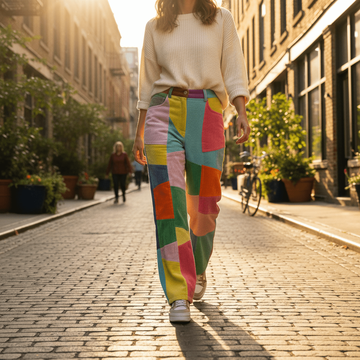 Handcrafted corduroy patchwork pants styled on a model in a sunlit urban street.