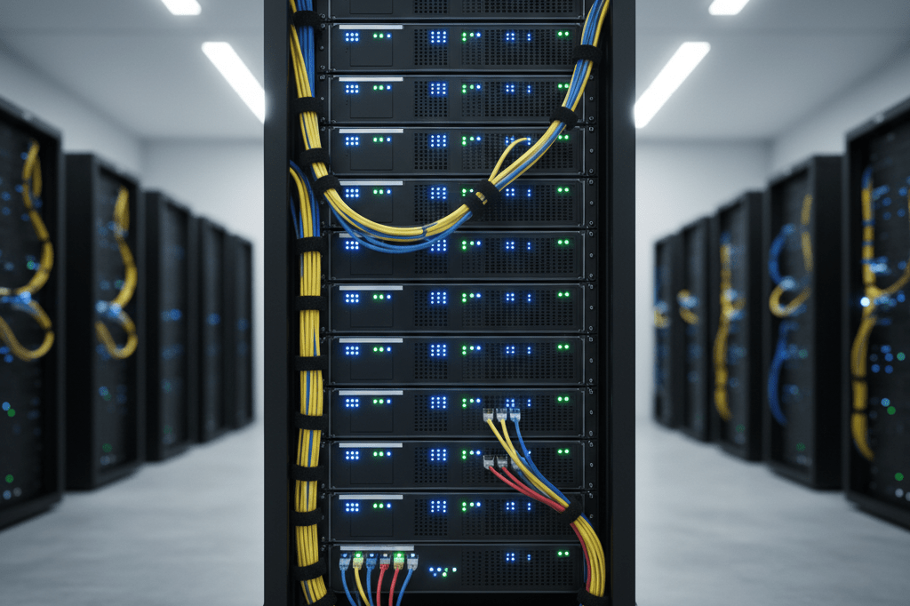 Modern server rack symbolizing advanced AI infrastructure Detailed view of an illuminated server rack in a data center under ambient lighting, representing cutting-edge technology