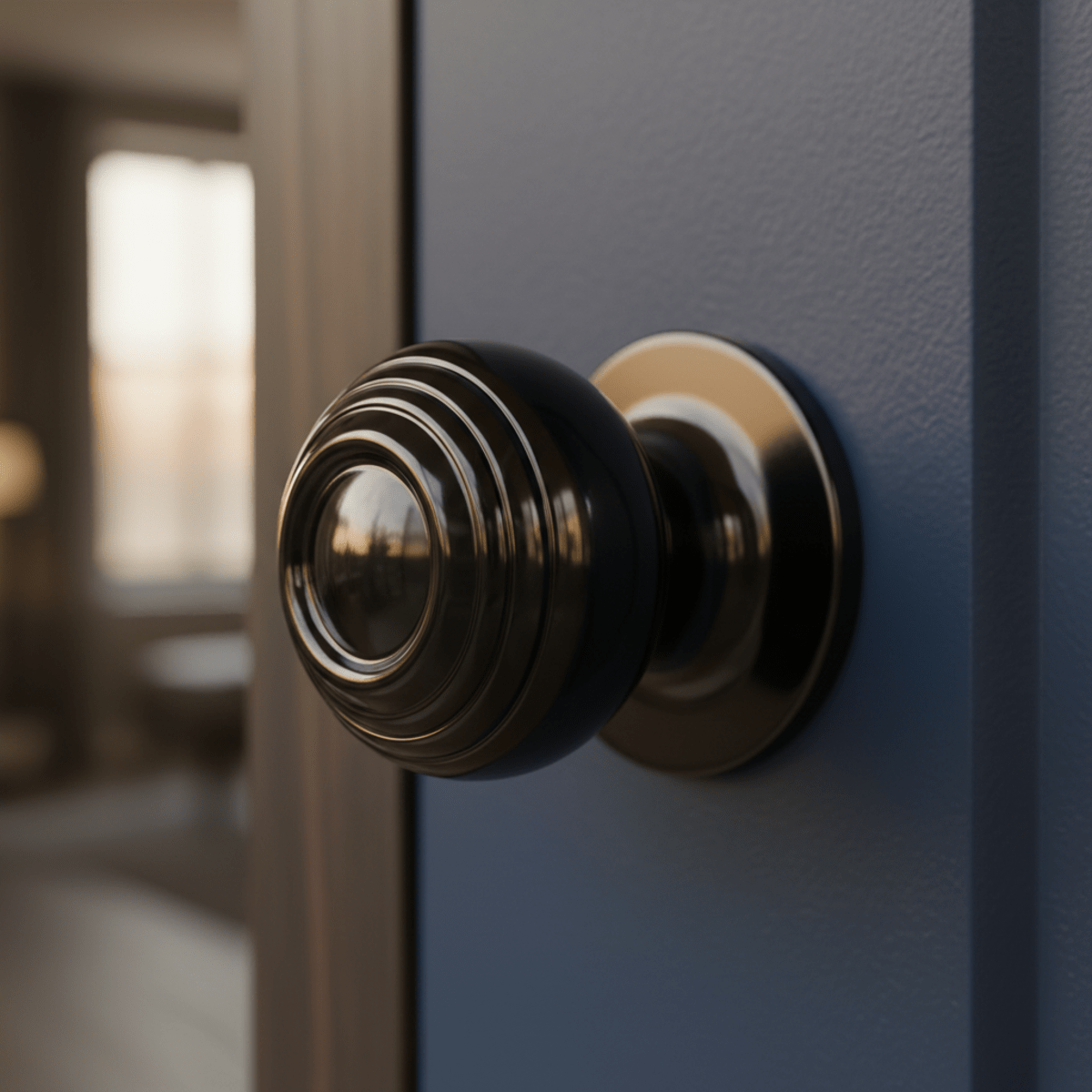 High-gloss black interior door knob on a sapphire blue door with golden hour lighting.