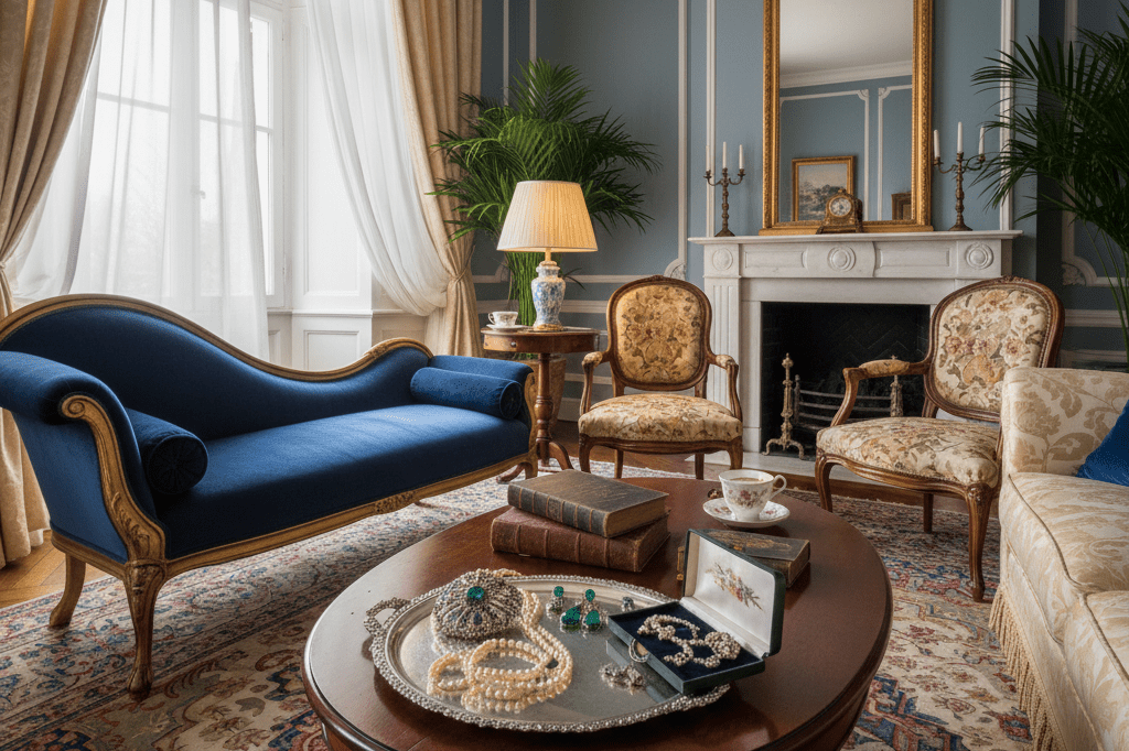 Stylish living space with vintage furniture and jewelry pieces under natural and ambient lighting, evoking entertainment-driven retail trends