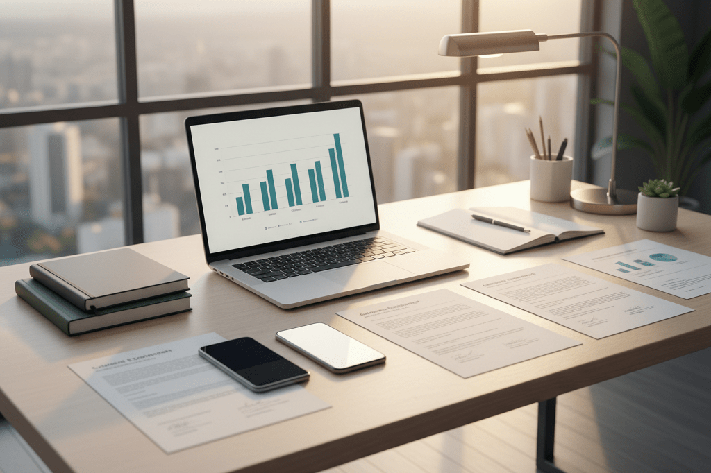 Organized office desk with laptops, phones, and notebooks symbolizing collaborative vendor ecosystems under natural light