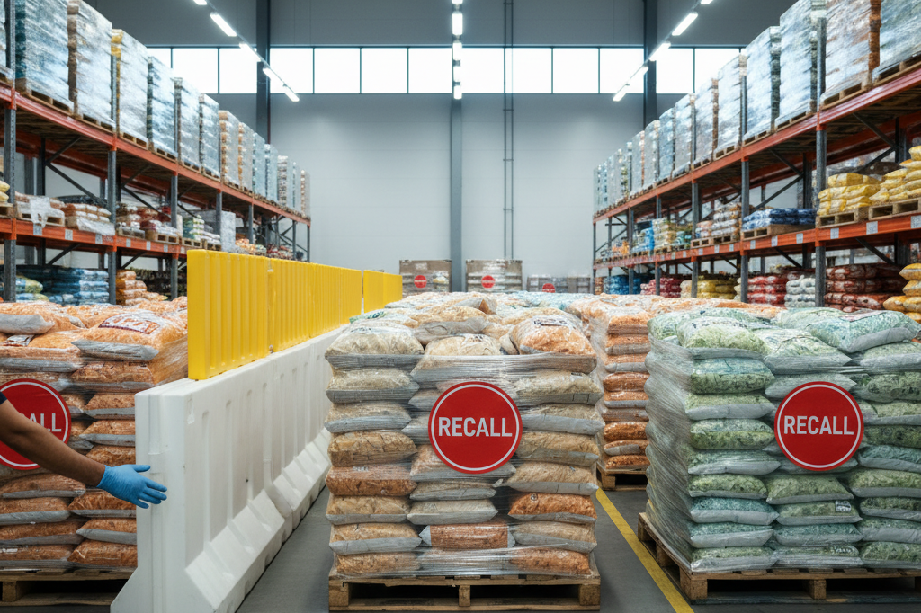 Industrial warehouse aisle with segregated snack pallets and recall tags under fluorescent lighting