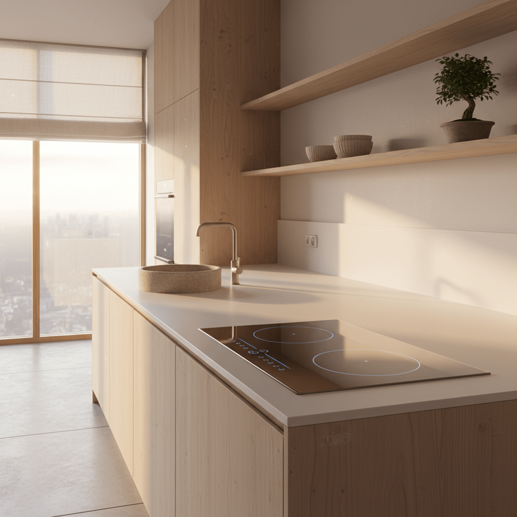 Modern Japandi kitchen with flush ceramic stove and birch cabinets, bathed in golden light.