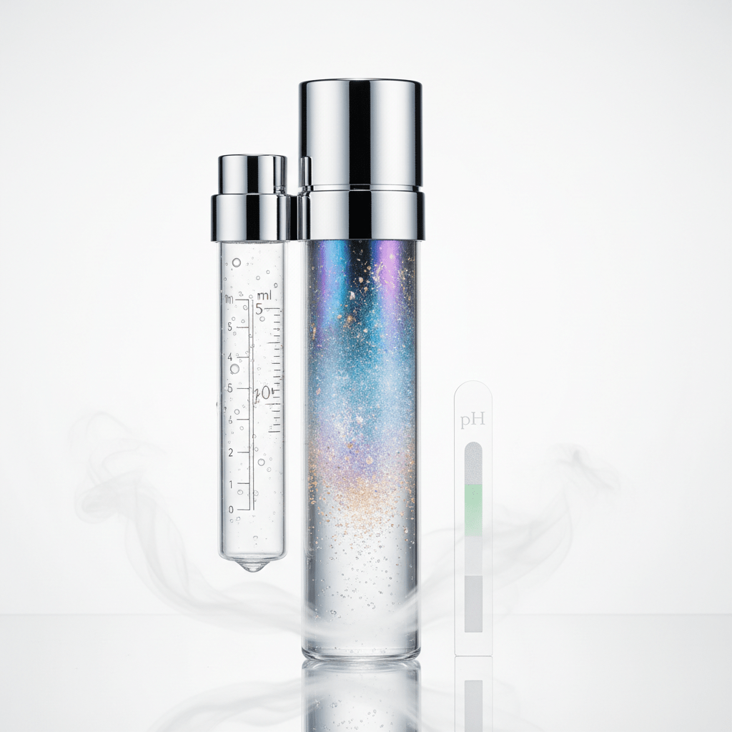 Futuristic powder-to-serum system with iridescent crystals and measuring chamber.