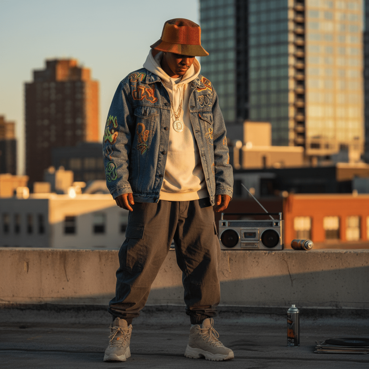 Stylish 80s hip hop look on an urban rooftop at golden hour.