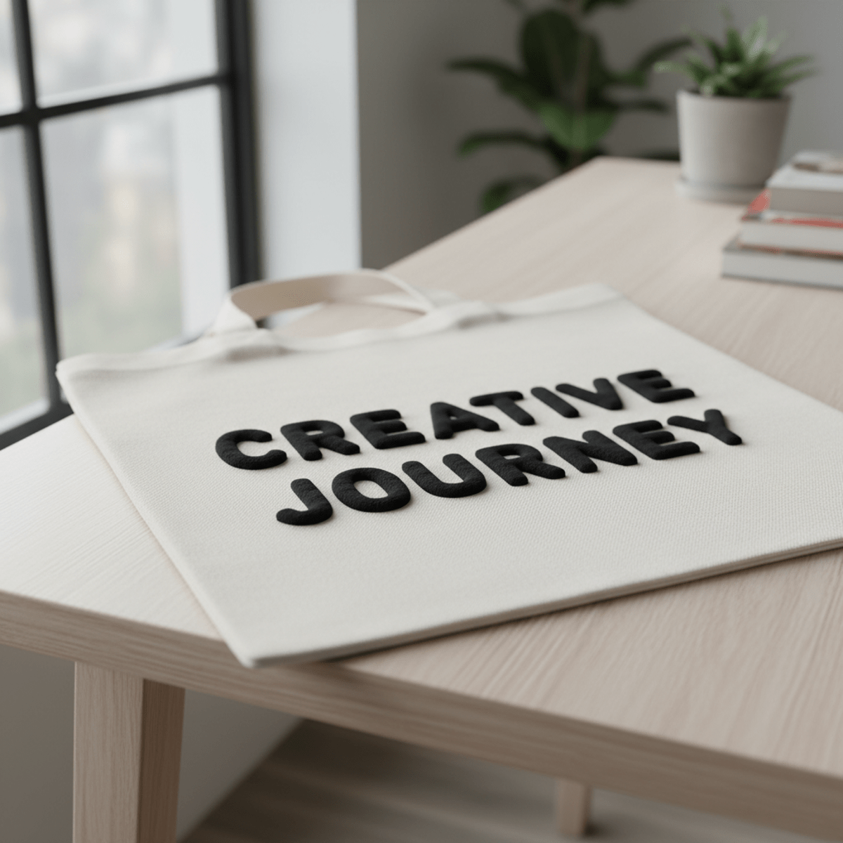 Close-up of white canvas bag with bold black puff printed typography on a wooden table.