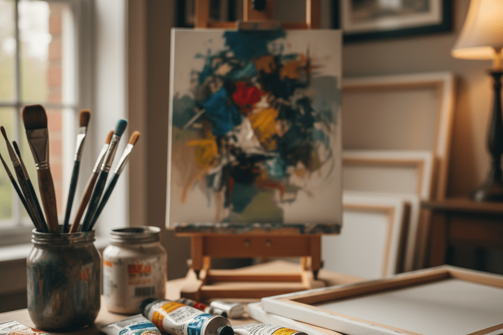 Close-up of an artist’s workspace featuring art supplies and a blurred unfinished painting under warm ambient light