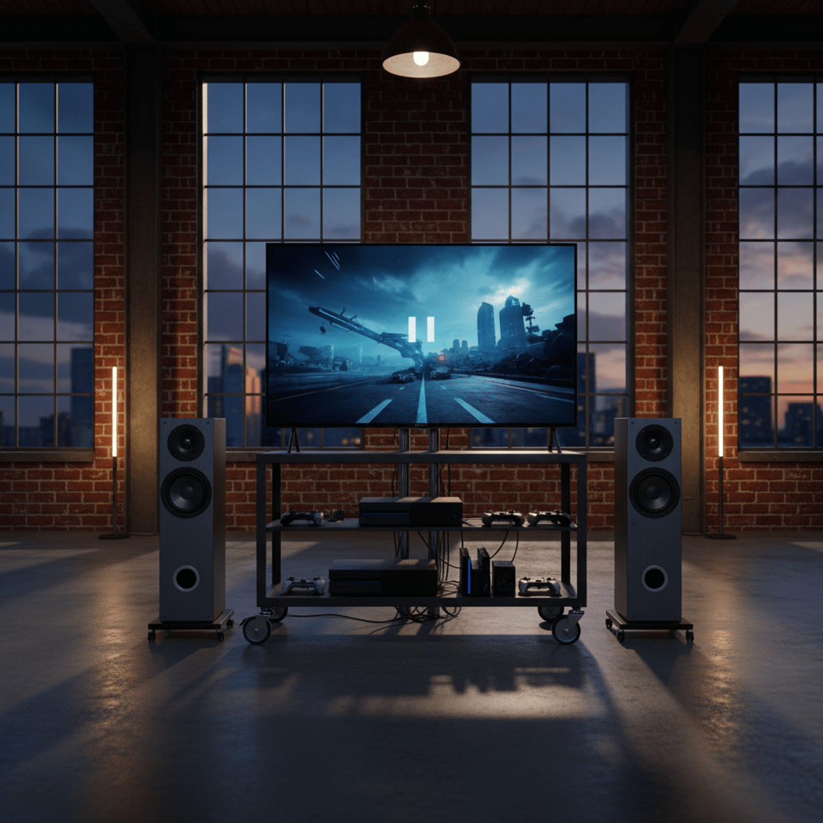 Portable TV on wheels in a modern industrial loft with brick and warehouse windows.