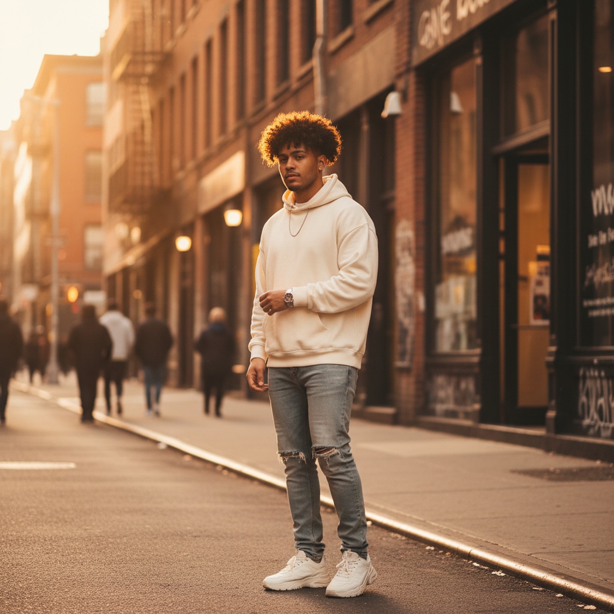Man with voluminous natural curls styled effortlessly in golden hour urban sunlight.