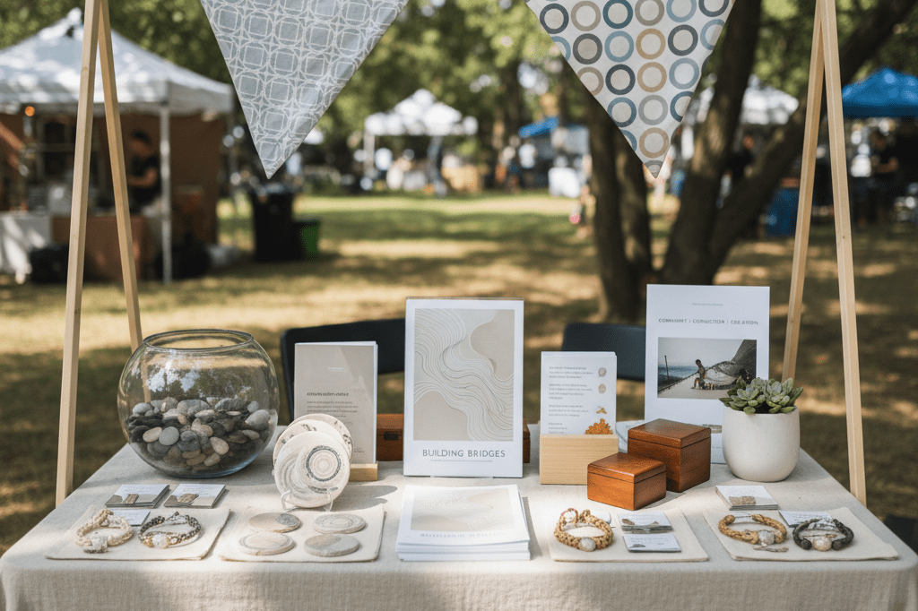 Outdoor vendor table with neutral displays and diverse products under natural light, symbolizing inclusive festival strategies