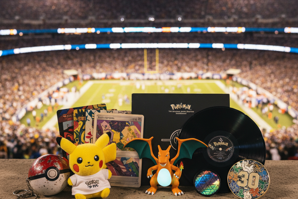 Medium shot of seven nostalgic and contemporary Pokémon merchandise items on concrete under stadium lights, evoking cross-generational fan engagement