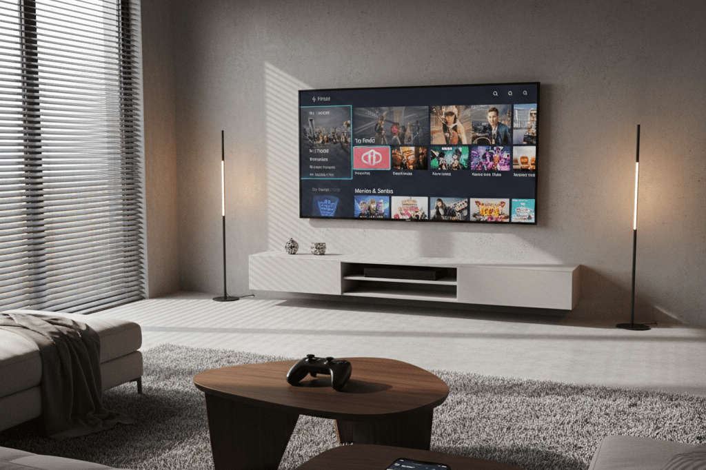 Home entertainment system with TV, gaming controller, and smartphone reflecting unified digital ecosystems under natural lighting