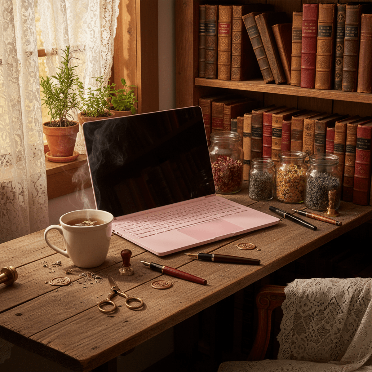 Pastel laptop on rustic wood with vintage books, tea, and golden hour light.