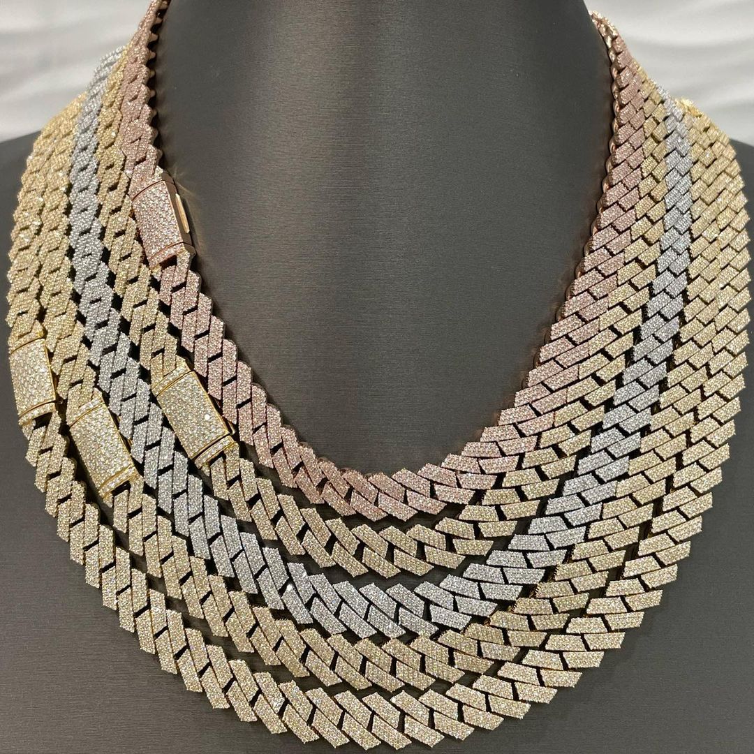 12mm Miami Style 18K Solid Gold Plated Silver Moissanite Diamond Chain 3 Row Iced Out Spiked Cuban Chain for sale in America