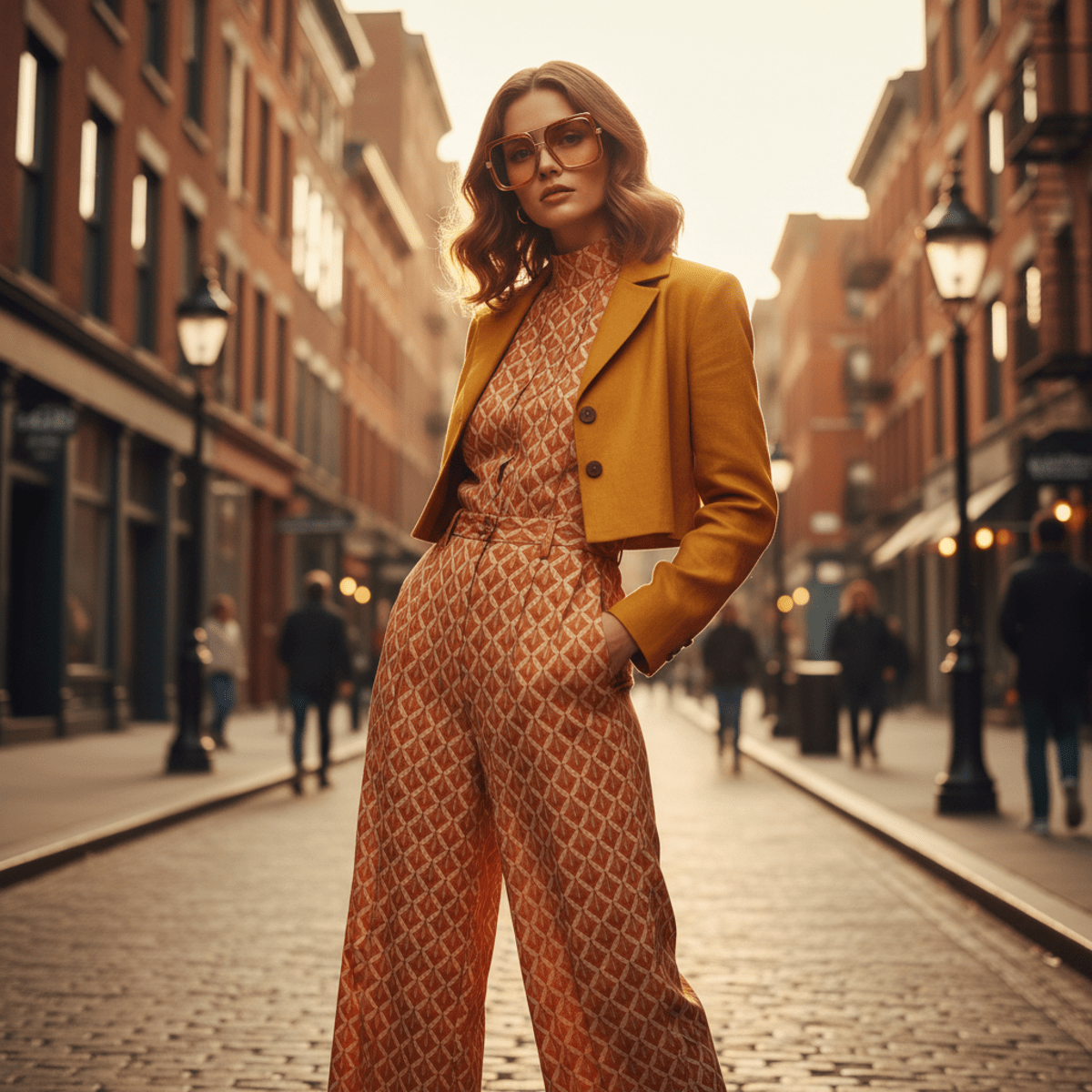 Model in 70s attire wears trendy oversized square glasses with amber lenses.
