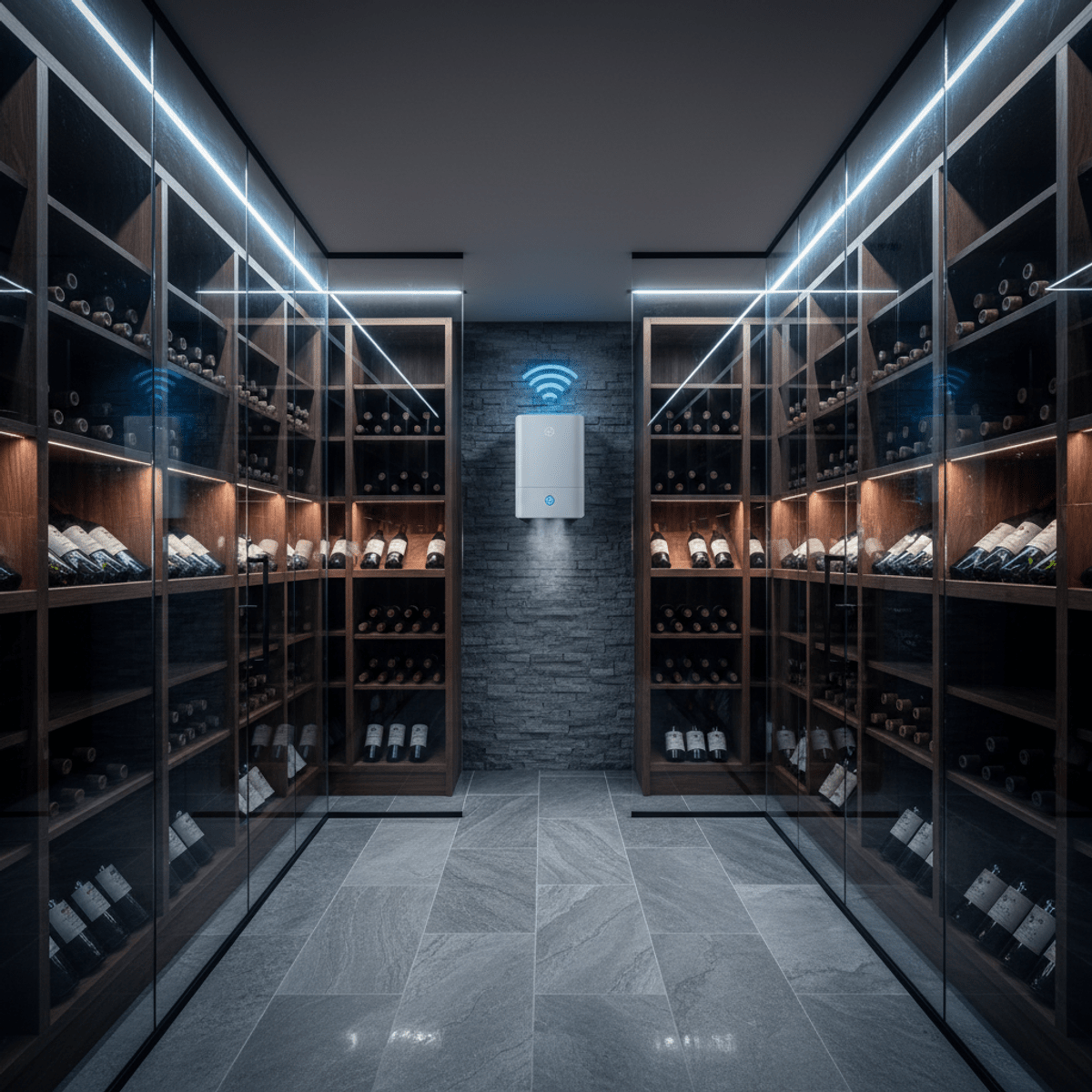 Modern basement wine cellar with cedar shelves, glass, and vintage bottles.