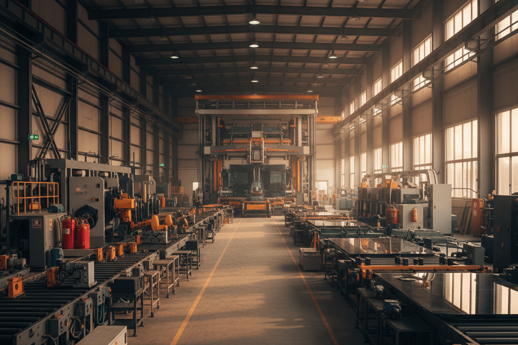 Modern automotive glass manufacturing facility emphasizing safety and scale Wide-angle view of advanced automotive glass plant machinery under ambient lighting, showcasing operational infrastructure
