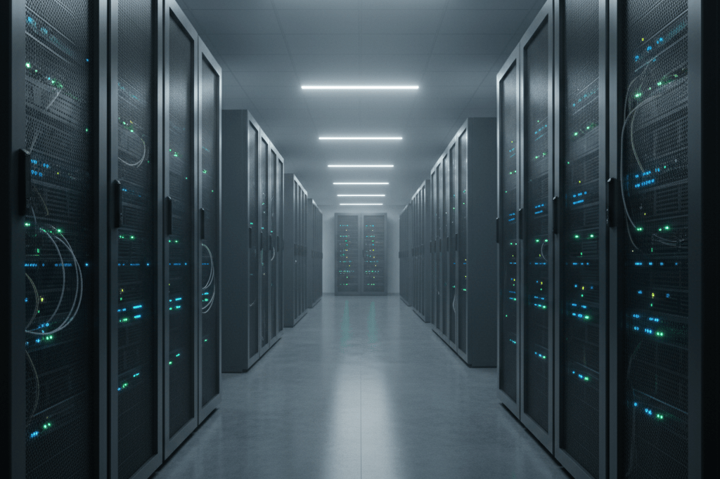 Rows of server racks in a futuristic data center setting Wide shot of an organized data center hallway showcasing advanced compute infrastructure under ambient lighting