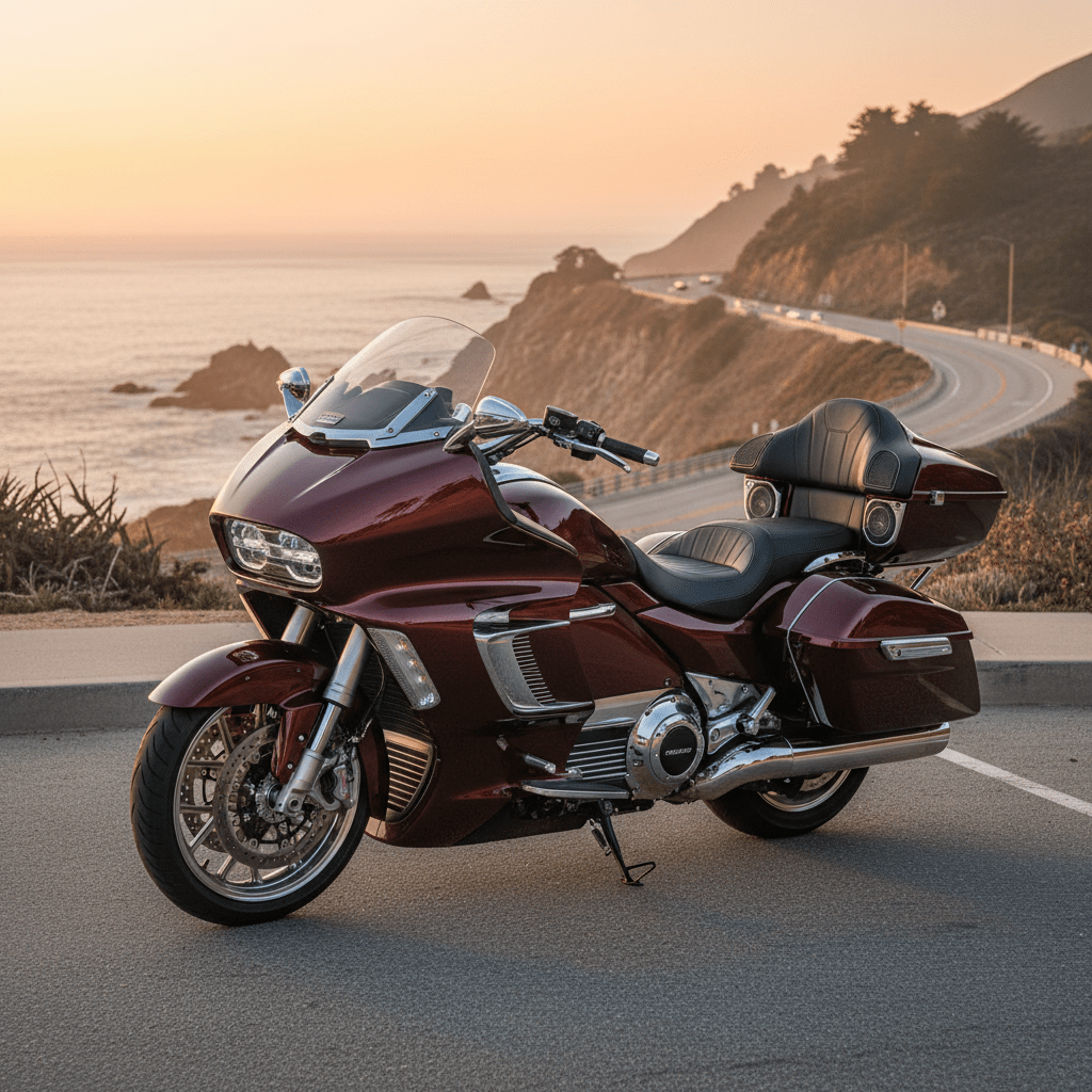 Majestic electric grand touring motorcycle in metallic burgundy on coastal highway.