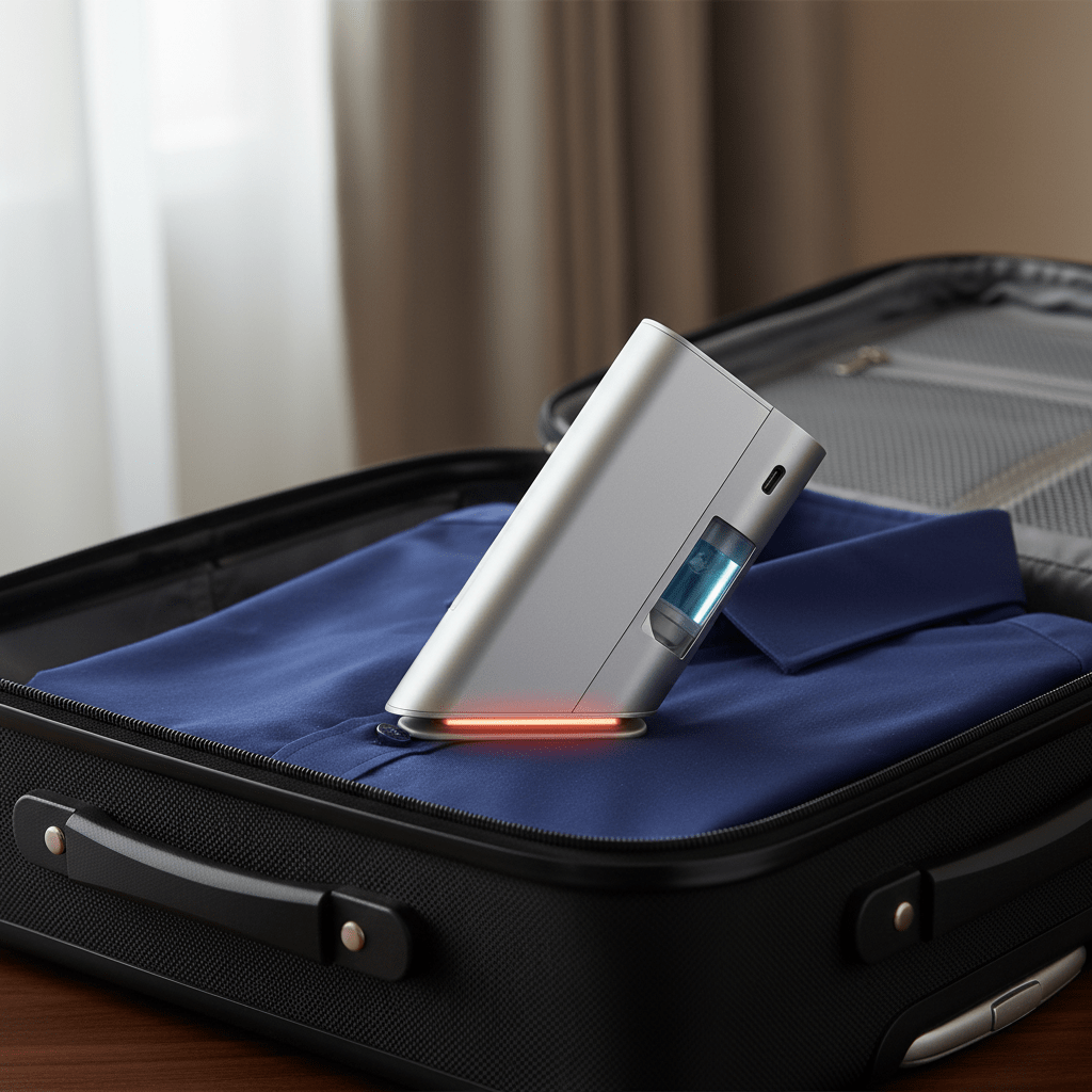 Ultra-compact portable iron rests on a shirt in an open suitcase.