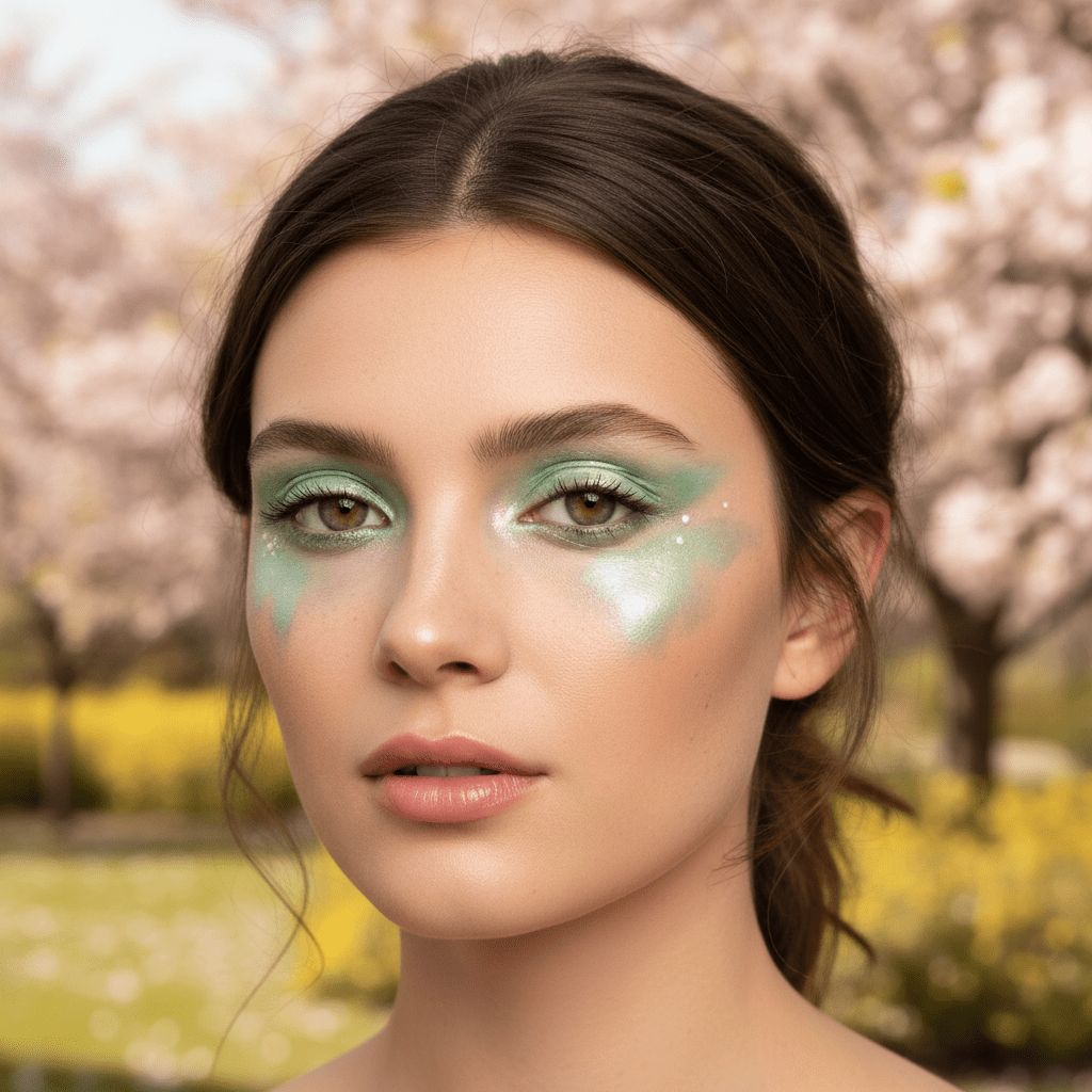 Model's eyes with soft mint and pistachio green watercolor eyeliner, delicate pearl shimmer.