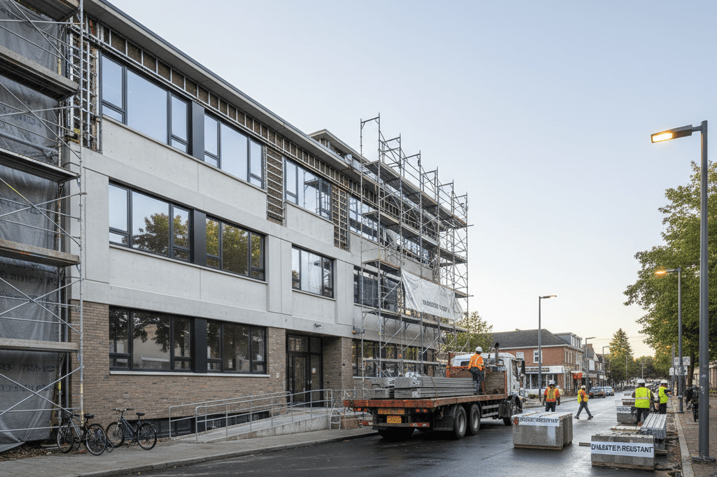 Exterior view of a partially rebuilt community center with workers unloading supplies under natural light