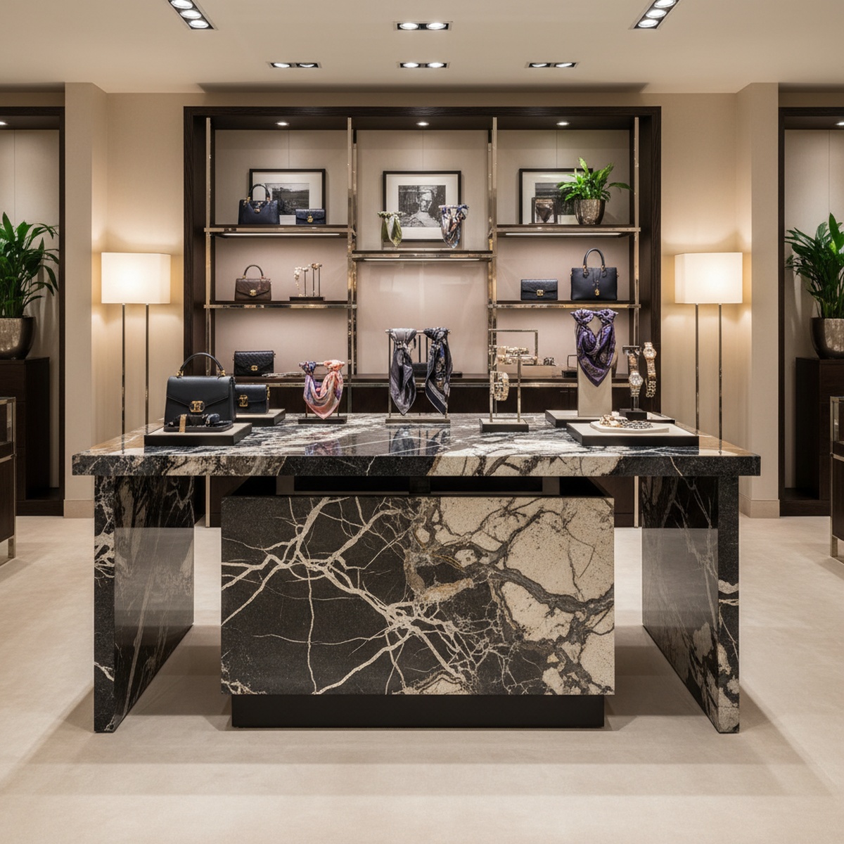 Elegant display table with metallic structure and granite-inspired patterns in a luxury showroom.