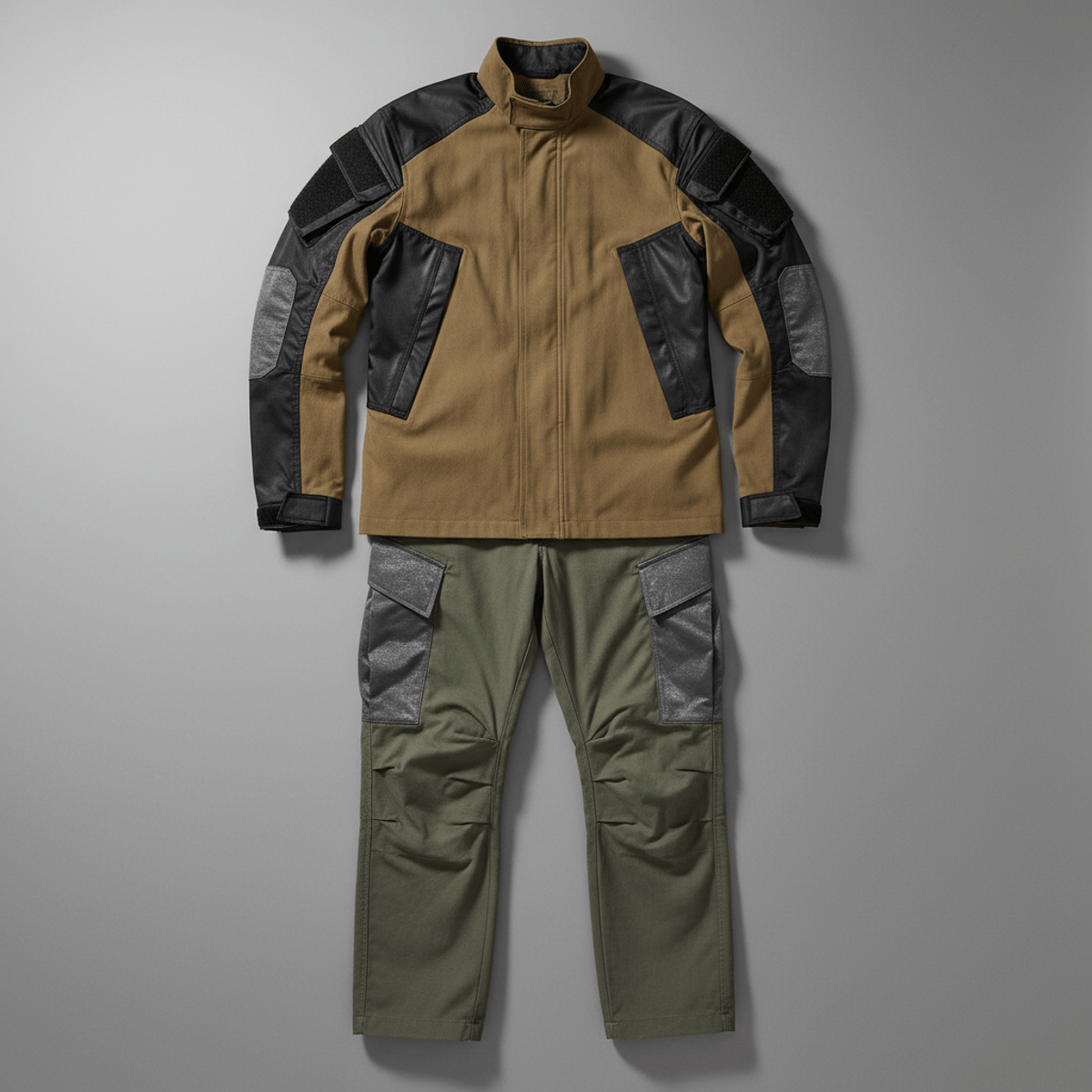 Tactical combat uniform laid flat, showing texture interplay of matte cotton and reflective nylon.