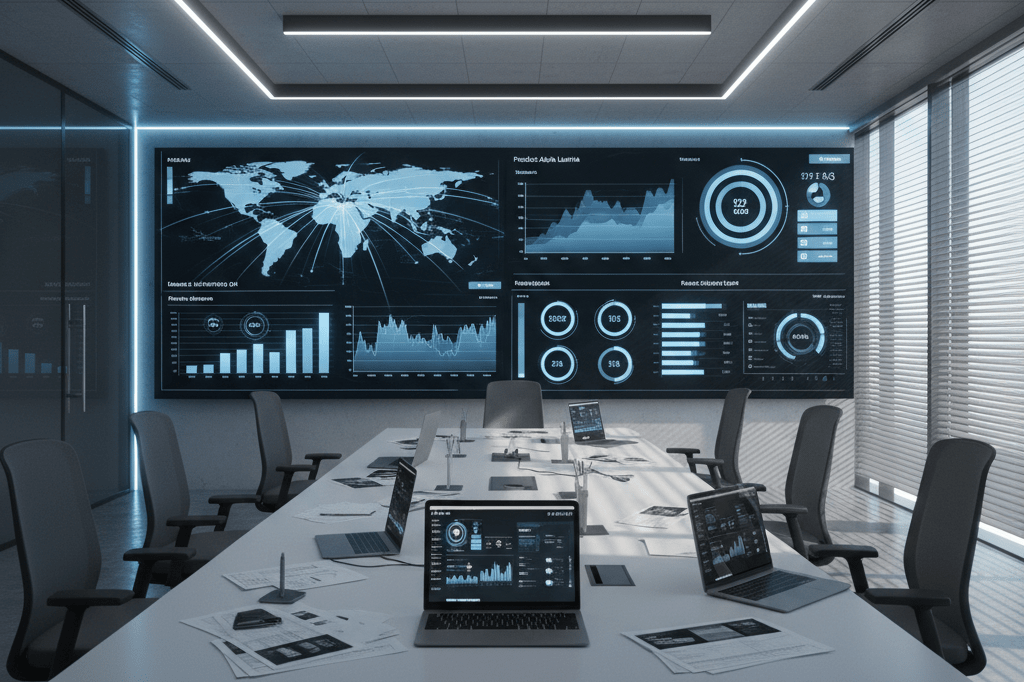 Wide shot of a war room with timezone maps and analytics displays under ambient lighting, highlighting coordinated launch strategies