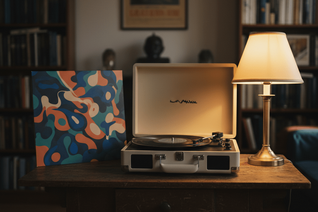 Photorealistic scene of a vintage record player and abstract vinyl cover lit by soft lamp light, evoking nostalgia and strategic product release