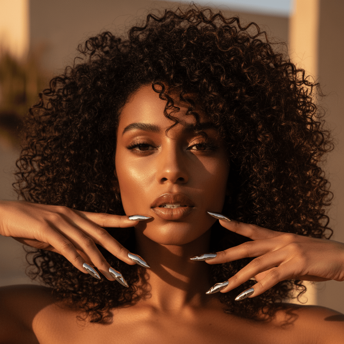 Model with voluminous jeri curl hair and hyper-glossy chrome nails with drip patterns.