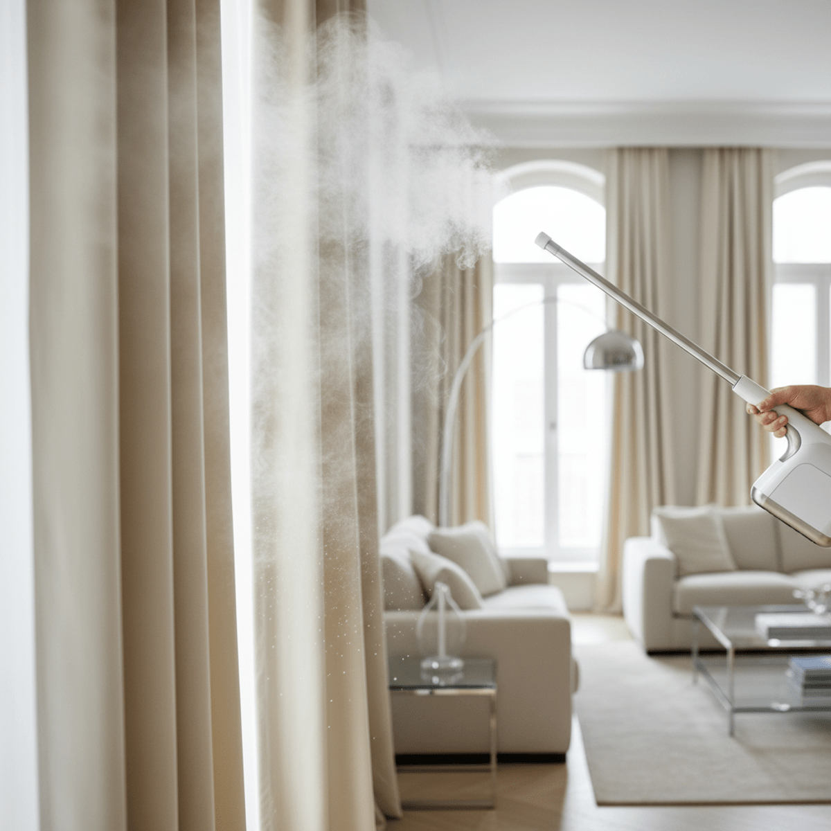 Steamer cleaning tall curtains, steam visible in folds, elegant room.